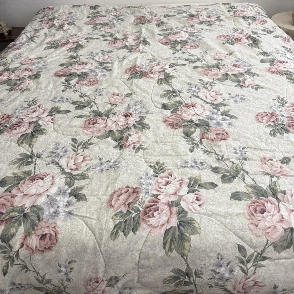 Vintage Bibb Queen Comforter Floral Cabbage Rose Reversible Cottagecore 88x86